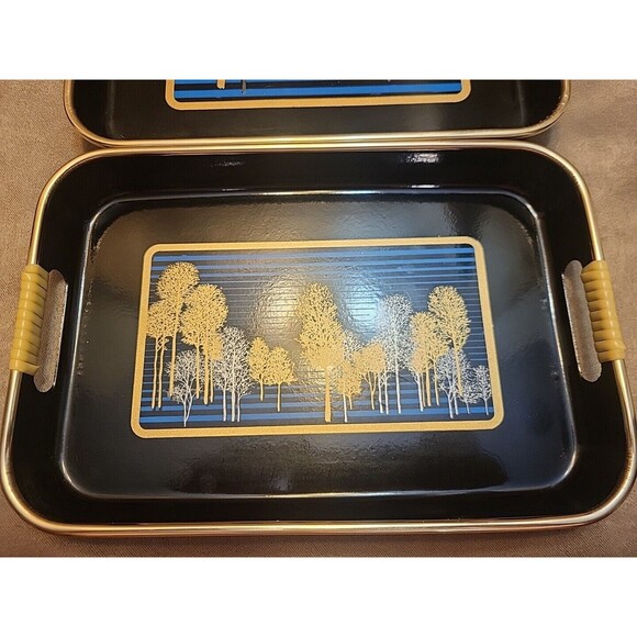 VTG 80s Srednick Serving Trays 2 - Gold Trees Black Blue Sky Japanese Stack - Picture 3 of 13